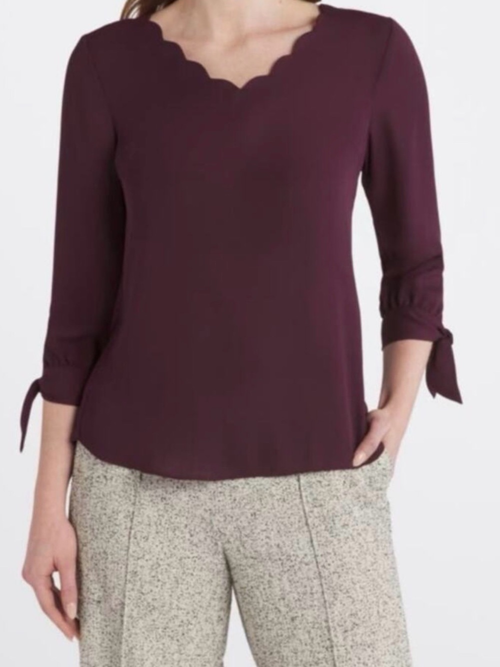 Fortune & Ivy Scalloped V-Neck farrow tie sleeve semi sheer Blouse size XL